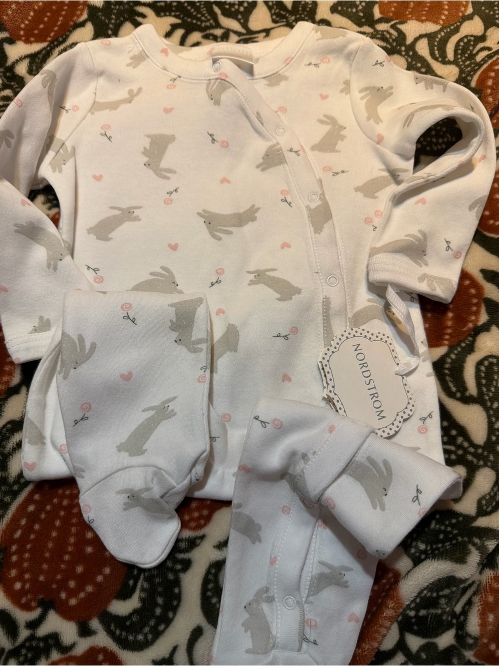 Nordstrom White Bunny Print Footed Pajama Set with Light Pink Accents
